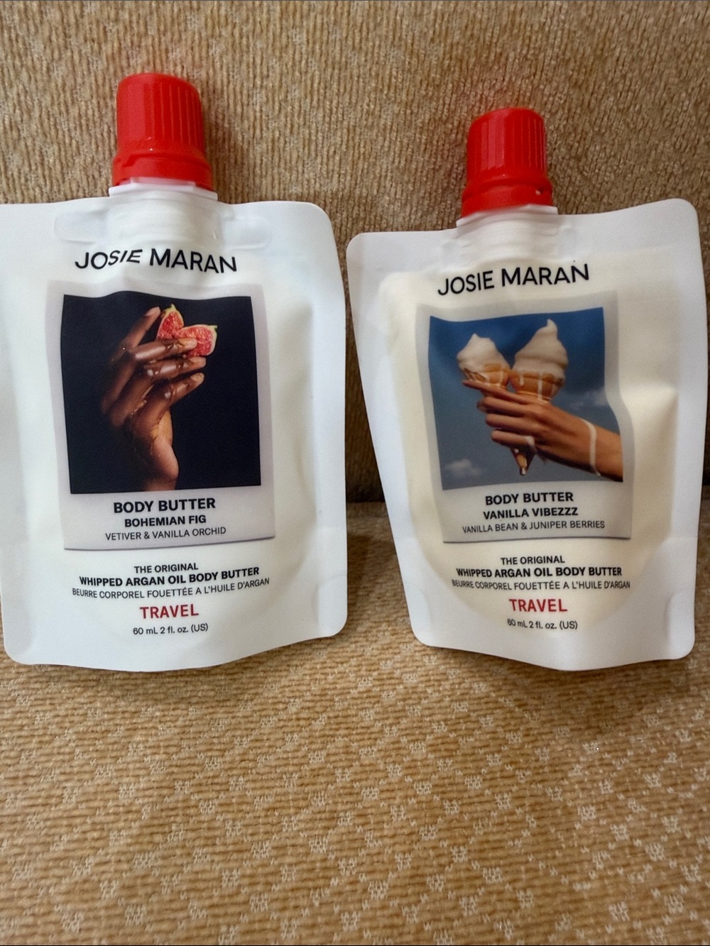 Josie Maran Travel Pouch - Vanilla Vibezz & Bohemian Fig Body Butter bundle.